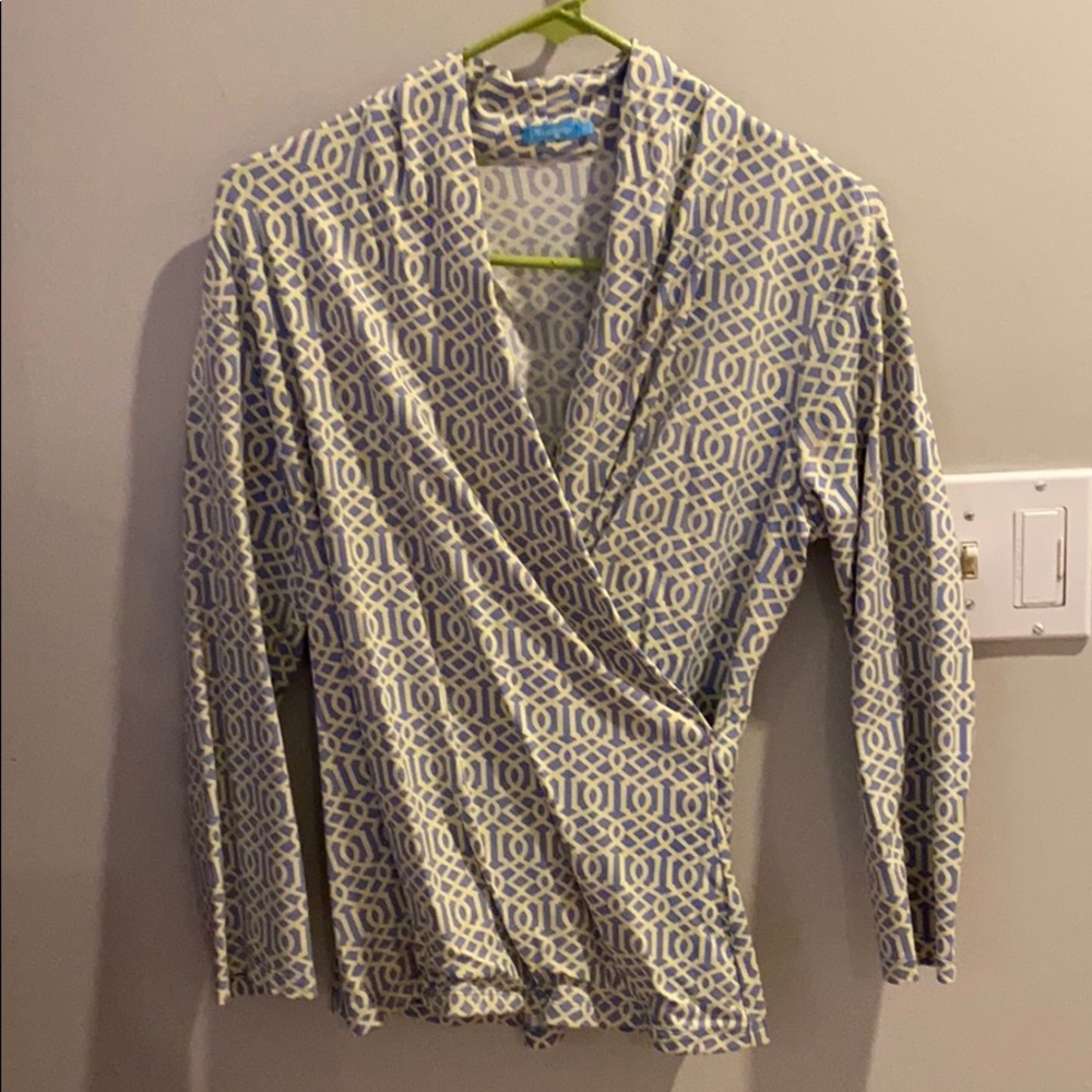J McLaughlin yellow and blue wrap top size M
